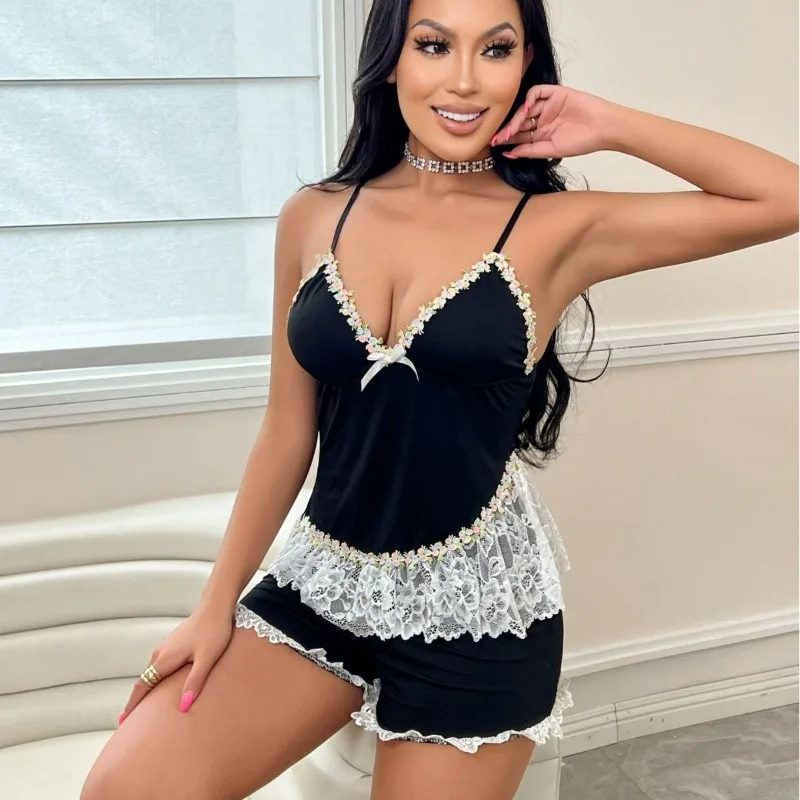 

Sexy Women's Pajamas, Water-soluble Floral Underwear, Women's Satin Bandeau Dress with Lace Patchwork Home Wear Pijamas Women