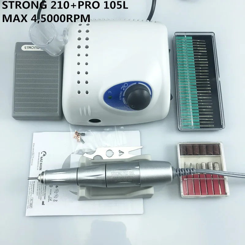 

New Arrival STRONG 210 PRO 105 105L Handpiece 65W 45000rpm Nail Drills Manicure Machine Pedicure Electric File Bits