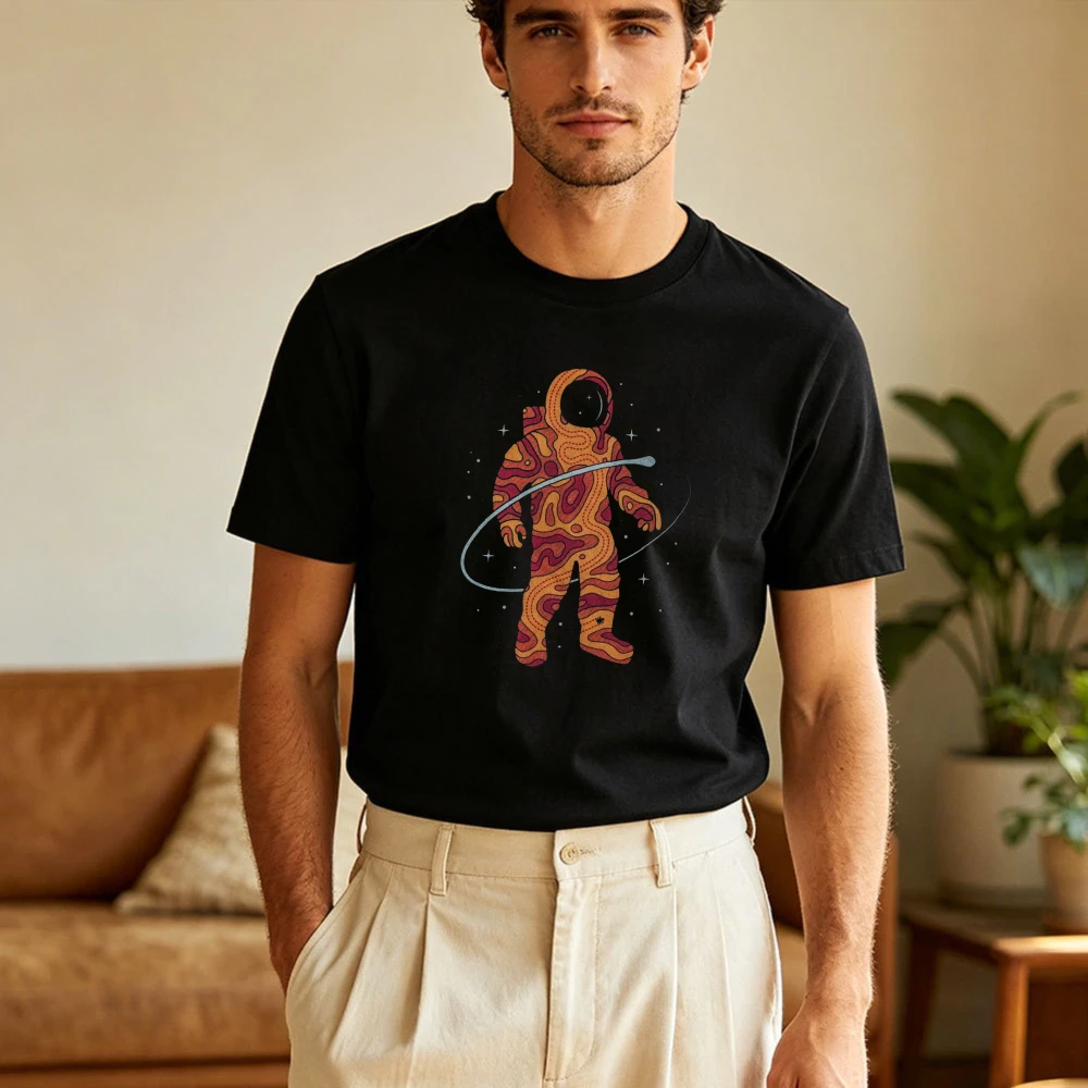 Psychedelic Swirl Pattern Astronaut with Ring Print T-Shirt Cosmic Aesthetic Top Men Fashion Crewneck Cotton Short Sleeve