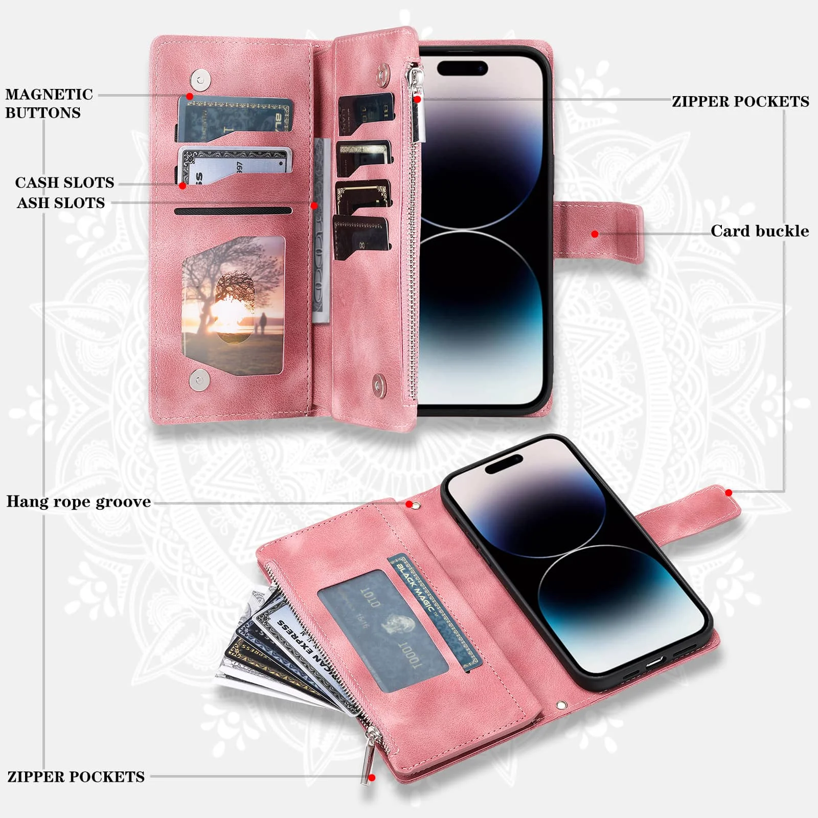 For iPhone 13/12/11 Pro Max 16e 2025 XR/XS Max 13 12 Mini 7 8 Wallet case with Zipper Credit Card Holder with Shoulder Strap