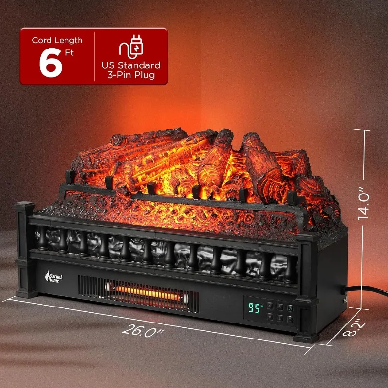 TURBRO 영원한 불꽃 26인치 WiFi 적외선 석영 전기 벽난로, 소리 나는 파인우드 장작 효과