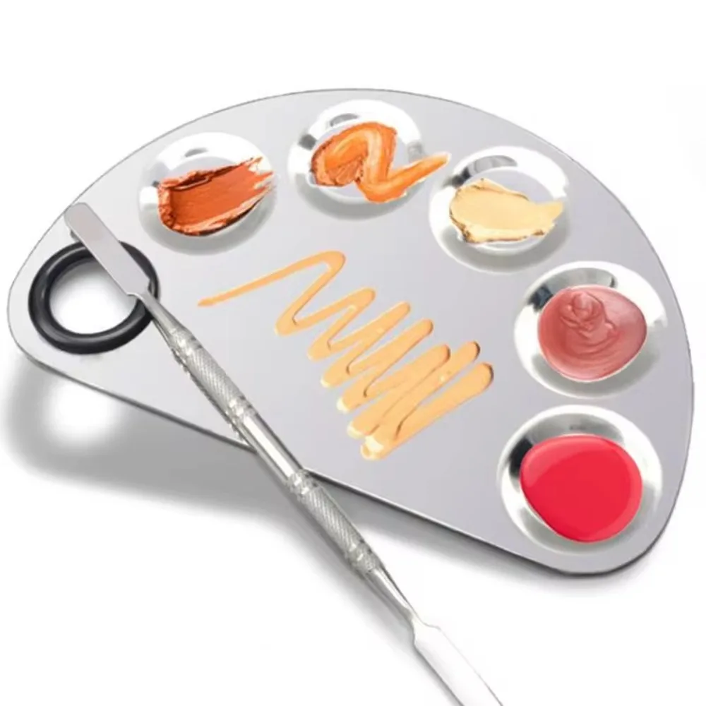 

With Spatula Rod Makeup Color Palette Portable Stainless Steel Liquid Foundation Mixing Tray Durable Makeup Color Board