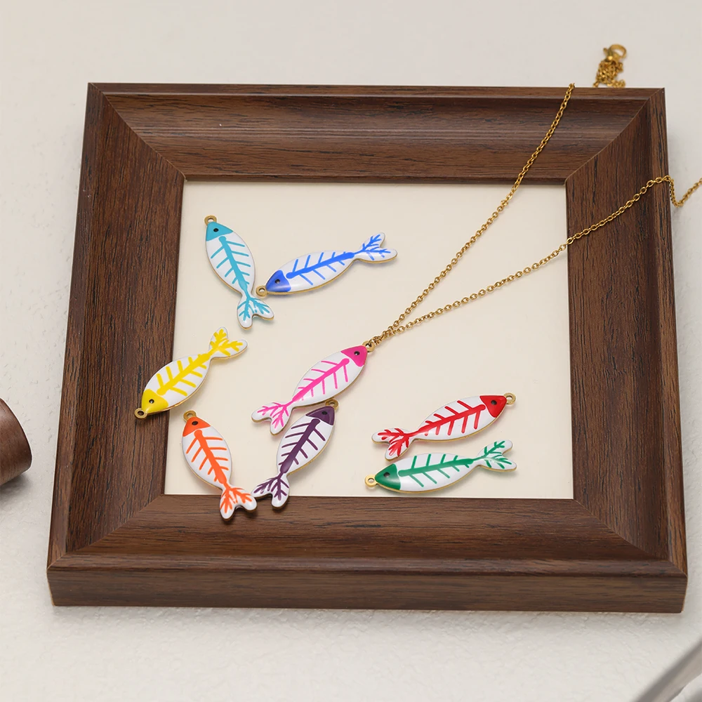5 Stück Edelstahl-Emaille-Anhänger in Fischgrätenform, schwarz, für DIY-Schmuck, Mädchen-Halsketten, Kinder-Armbänder, Damen-Ohrringe. – Detail 5
