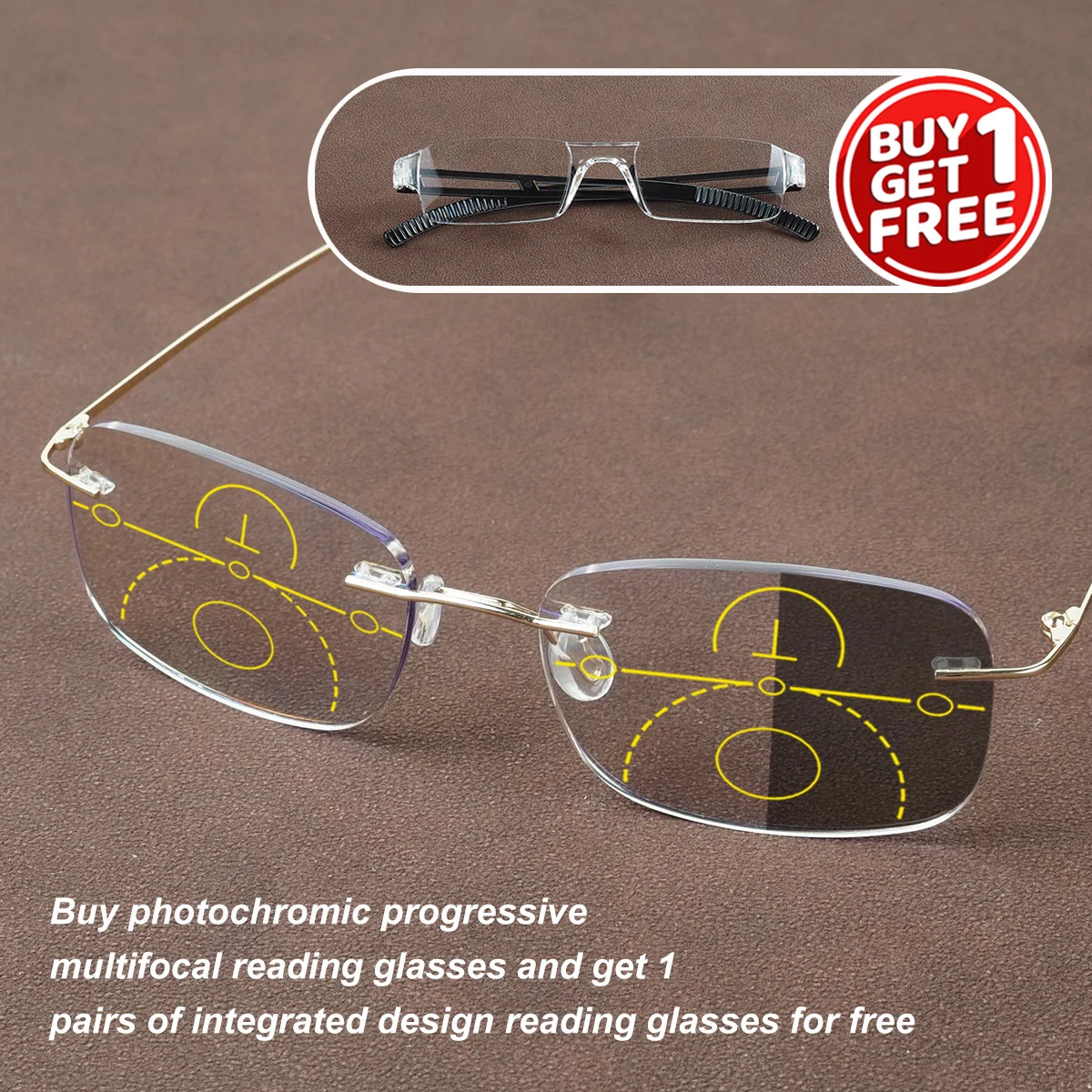Photochrome, progressive multifokale Lesebrille, stilvolles rahmenloses Design, inklusive 1 integrierter Lesebrille als Geschenk, Unisex. – Detail 4