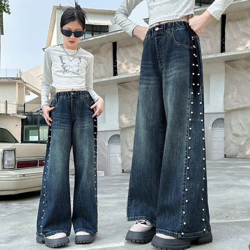 New Fashion Teenager Girls Denim Wide Leg Pants Child Trousers Spring Autumn Girl Side Pearl Design Jeans 5-14 Yrs Kids Clothes