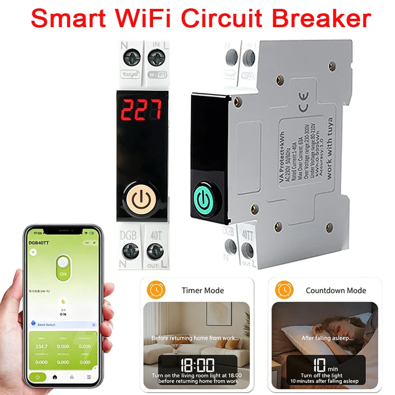 1P 63A Tuya Smart WiFi Circuit Breaker Intelligent Remote Control & Voice Control Circuit Breaker 1-40A Adjustable Timer Switch