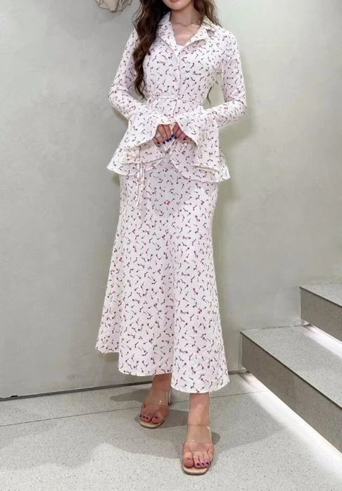 In Stock Obedient Girl 2024 Flower Trumpet Sleeve Lace Up Long Sleeved Shirt and High Waist Tight Long Skirt Set Popular