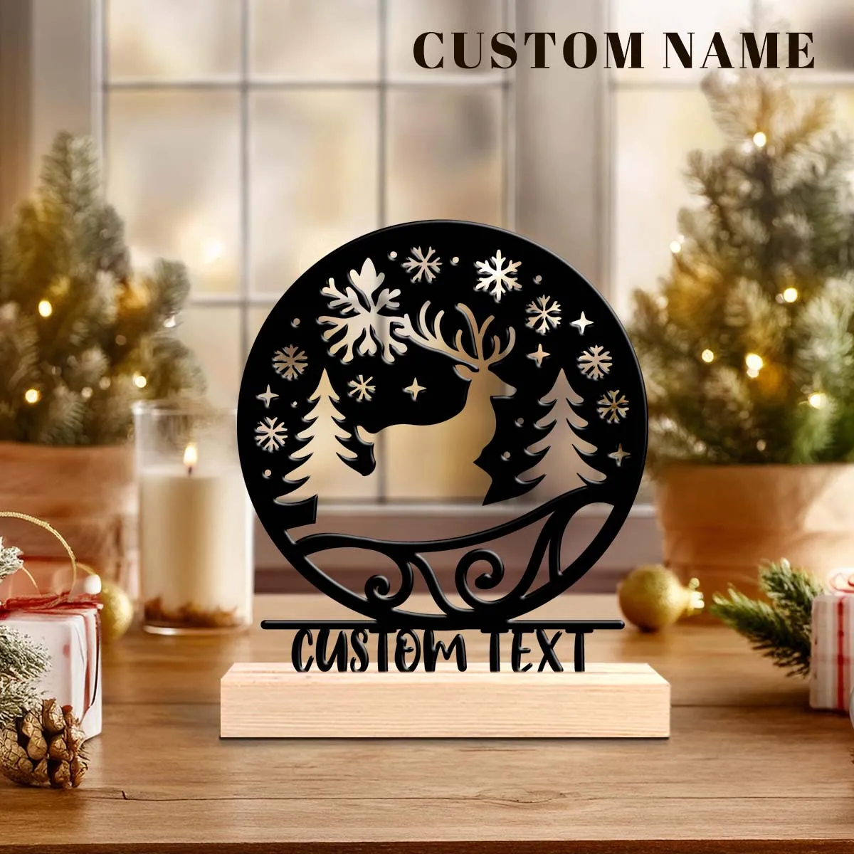 1pc Personalized Iron Desktop Ornament Custom Content Equipped with Wooden Base New Home Gift for Friends,Decorative Ornaments