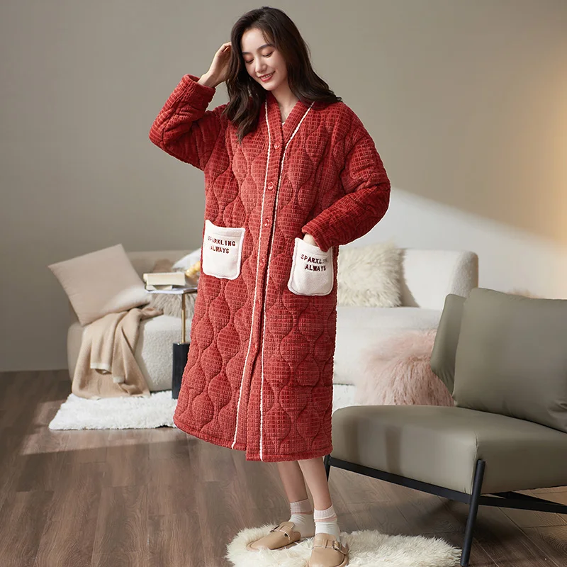 Flannel quilted female robes thick 3layers quilted coral fleece bathrobe winter thick velvet women v-neck button cardigan kimono