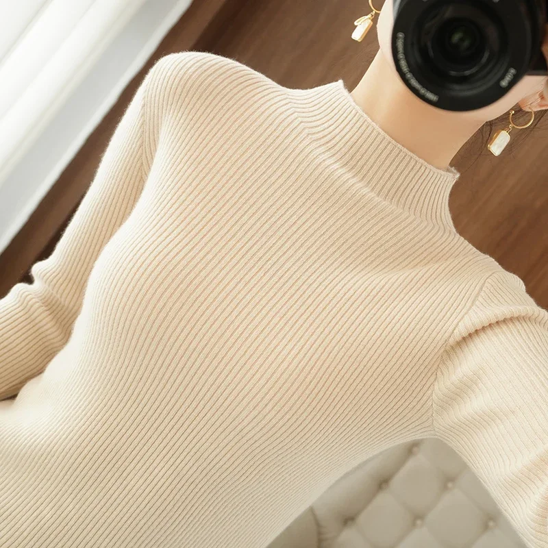 2024 Autumn Winter Thick Warm Sweater Women Slim Fit Half High Collar Sweater Korean Solid Green Casual Basic Pullover Knitwear