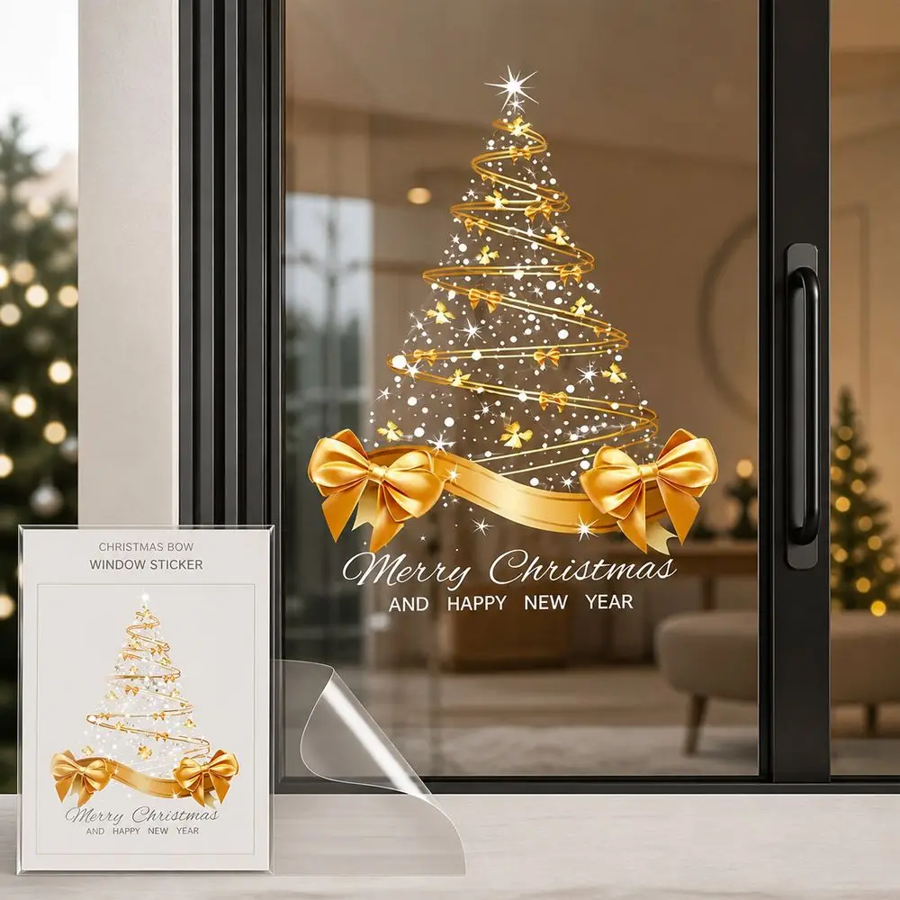 Christmas Glass Decal Christmas Window Sticker Static Cling Gold Bow Bow Window Decal Glass Door Decor Festive Style