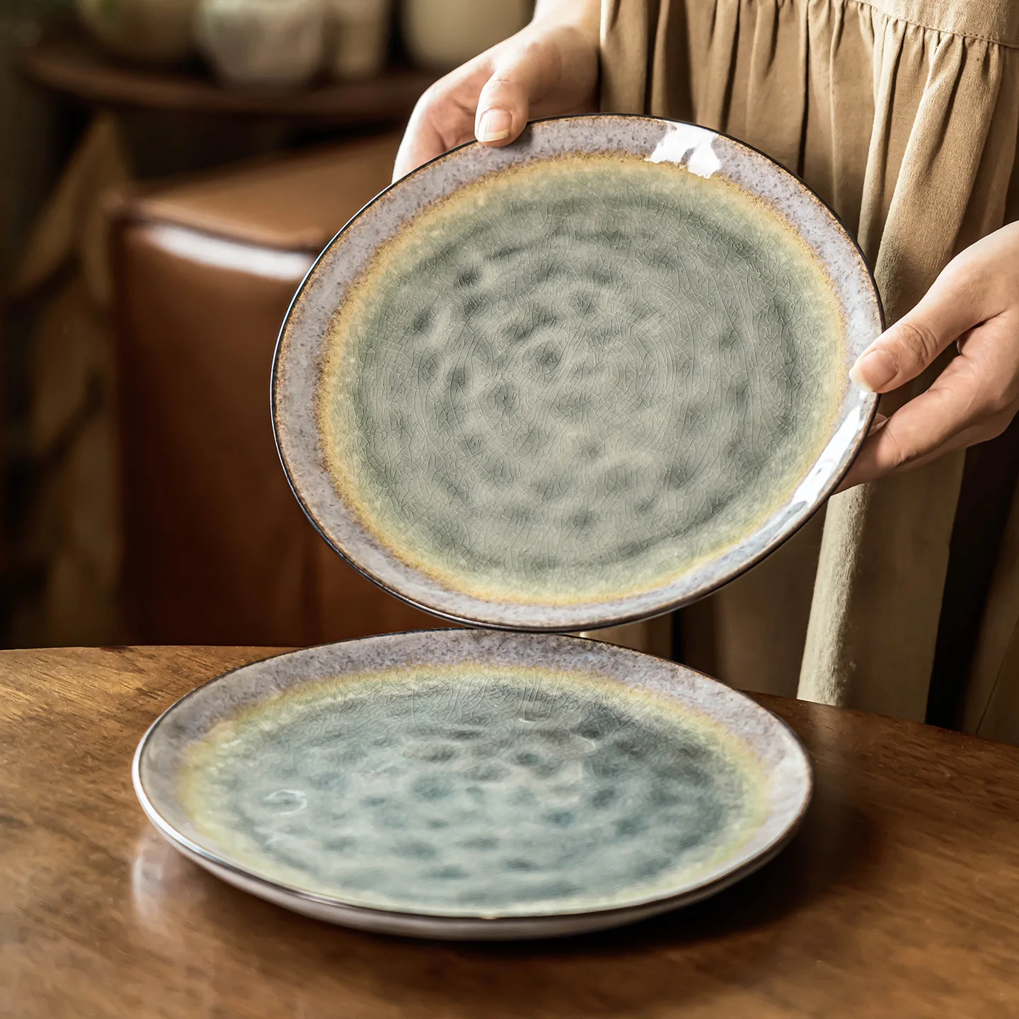 

Vintage Crackle Glaze Ceramic Plate Round Salad Dish High Value Home Tableware Breakfast Plate