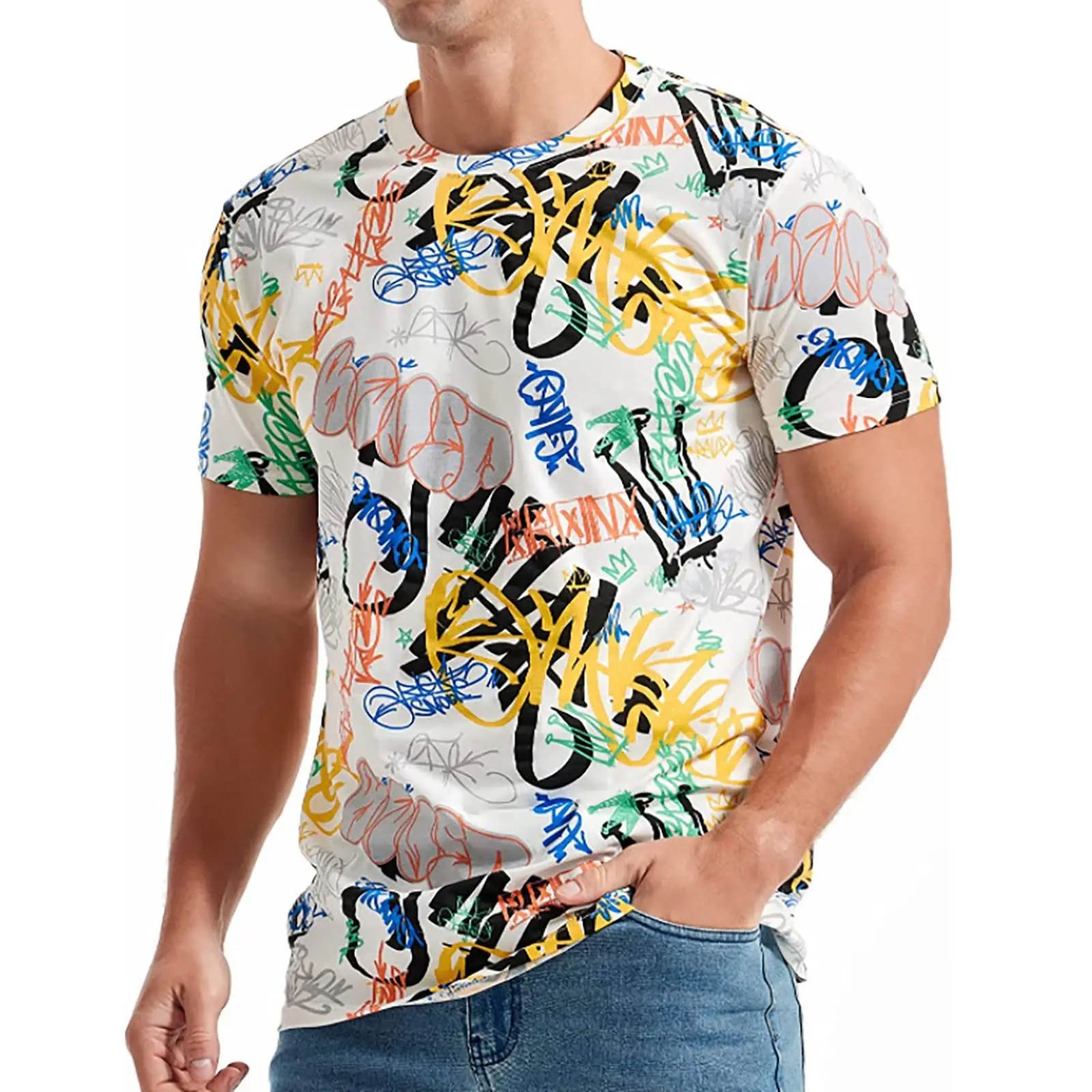 

Summer Fun Men's and Women's Fashion Casual 3D Printing Graffiti Printed Polyester T-shirt Casual Fashion Round Neck T-shirt