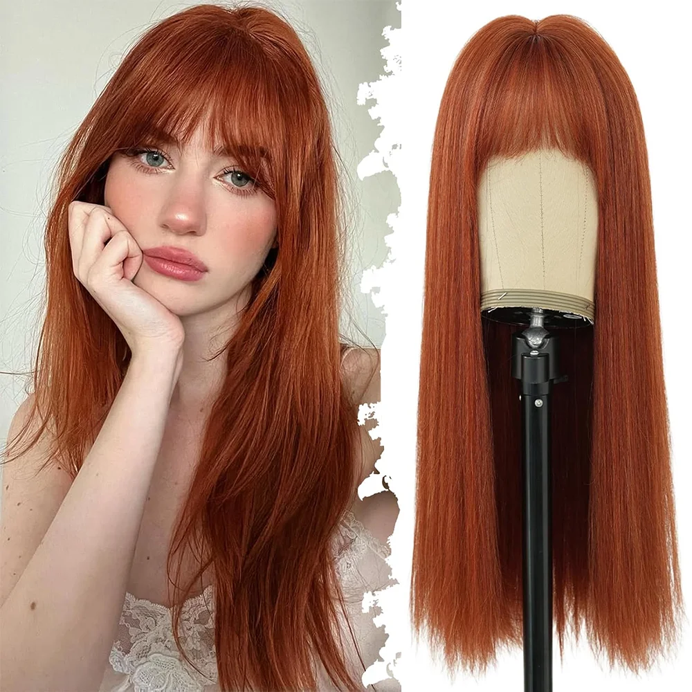 Peruca Sintética de Alta Qualidade de 26 Polegadas com Franja, Adequada para Uso Diário, Festas e Apresentações, Resistente ao Calor, Estilo Lolita