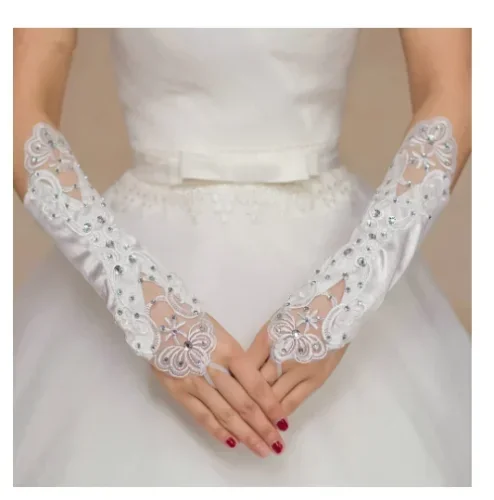 Elbow Length Bridal Gloves Lace Tulle Rhinestone Crystal Wedding Hand Accessory