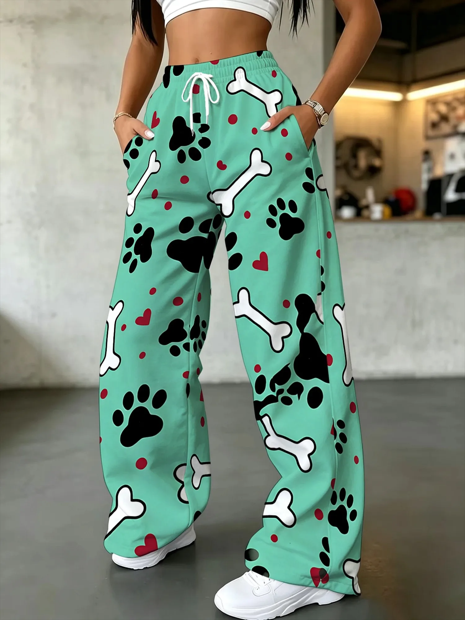 Green Cute Dog Claw Bone Printed Pants for Women, Loose, Breathable, Quick Drying, Family Casual, Street Hip Hop Trendy Pants