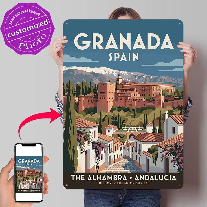 Granada Spain Travel 3D Printed Texture Poster Personalized Wall Art Retro Metal Tin Signs for Living Room Decoration Items Home