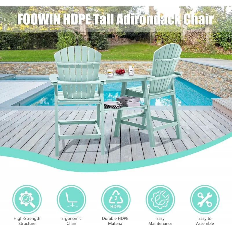 FOOWIN-Alto Pátio Cadeiras Set, reciclado Poly Balcony Chair, dupla bandeja de ligação, resistente às intempéries Pátio Stools, Conjunto de 2