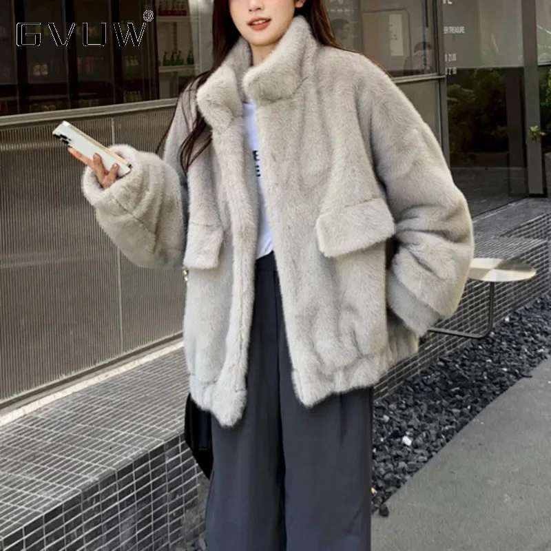 

2025 New Winter Products Fake Fur Loose Plush Jacket Women's Stand Up Collar Long Sleeve Pocket Top