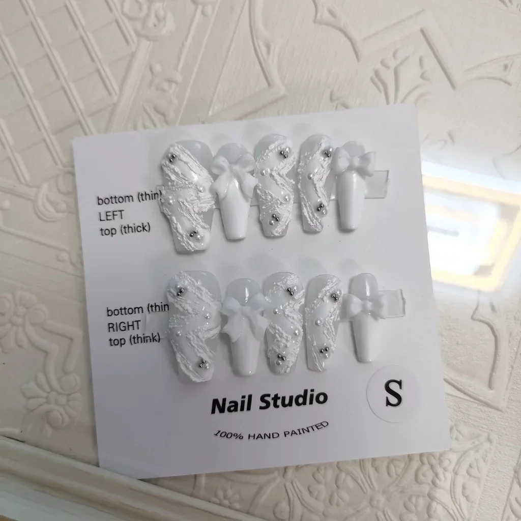 Ribbon Pearl Handmade Wearable Nail Elegant White Swan Hand-painted Embossed Nail Art White Wearable False Nails Students Gift