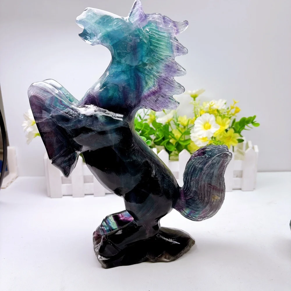 2.4kg Natural Colored Fluorite Quartz Horse Carving Polished Reiki Healing Crystal Feng Shui Energy Room Decor Gift