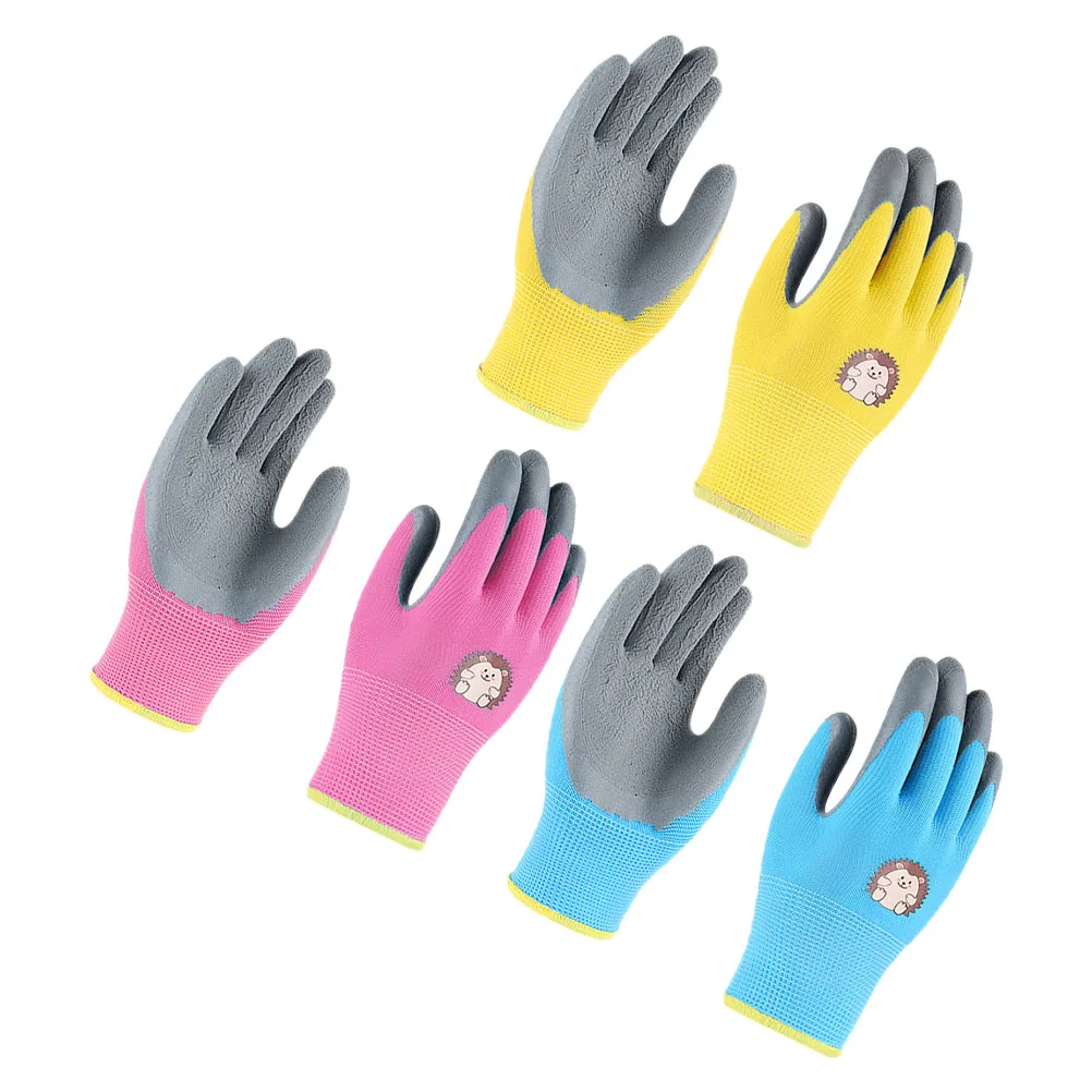 

3 Pairs Kids Gardening xxS Blue Yellow Pink Hedgehog Latex Thick Protective Work Gloves Children Toddler Breathable Multipurpose