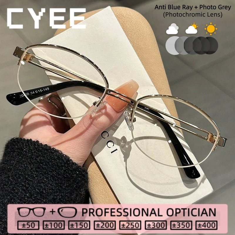 

CYEE Travel Portable Reading Glasses Women Anti Blue Light Photochromic Myopia Eyeglasses Custom Prescription Optical Eyewear