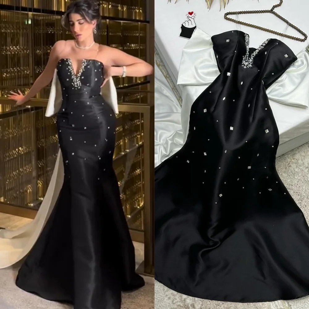 Vestido de cetim sem alças com arco, Arábia Saudita Prom Gown, Beading, Arco, Noivado, Sereia, Ocasião sob medida