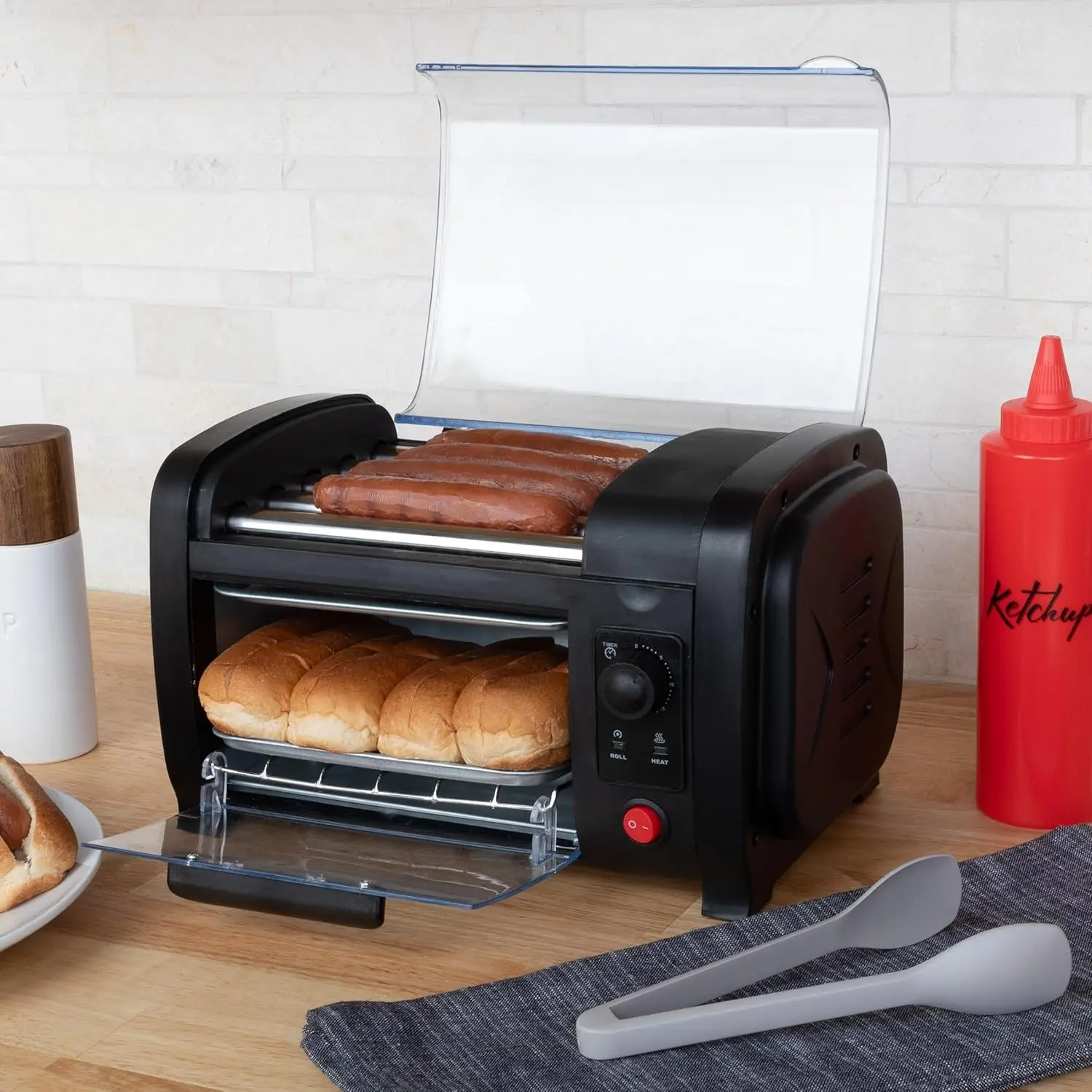 Hot Dog Toaster Oven - Countertop Hot Dog Roller with Bun Warmer and Adjustable 30-Minute Timer - Sausage Machine with 5 Stainle