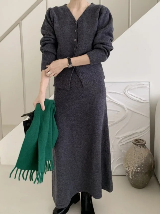 Autumn Winter V-Neck Single Button Knitted Cardigan Women's High Waist Bodycon  Skirt Korean Style Fashion Set