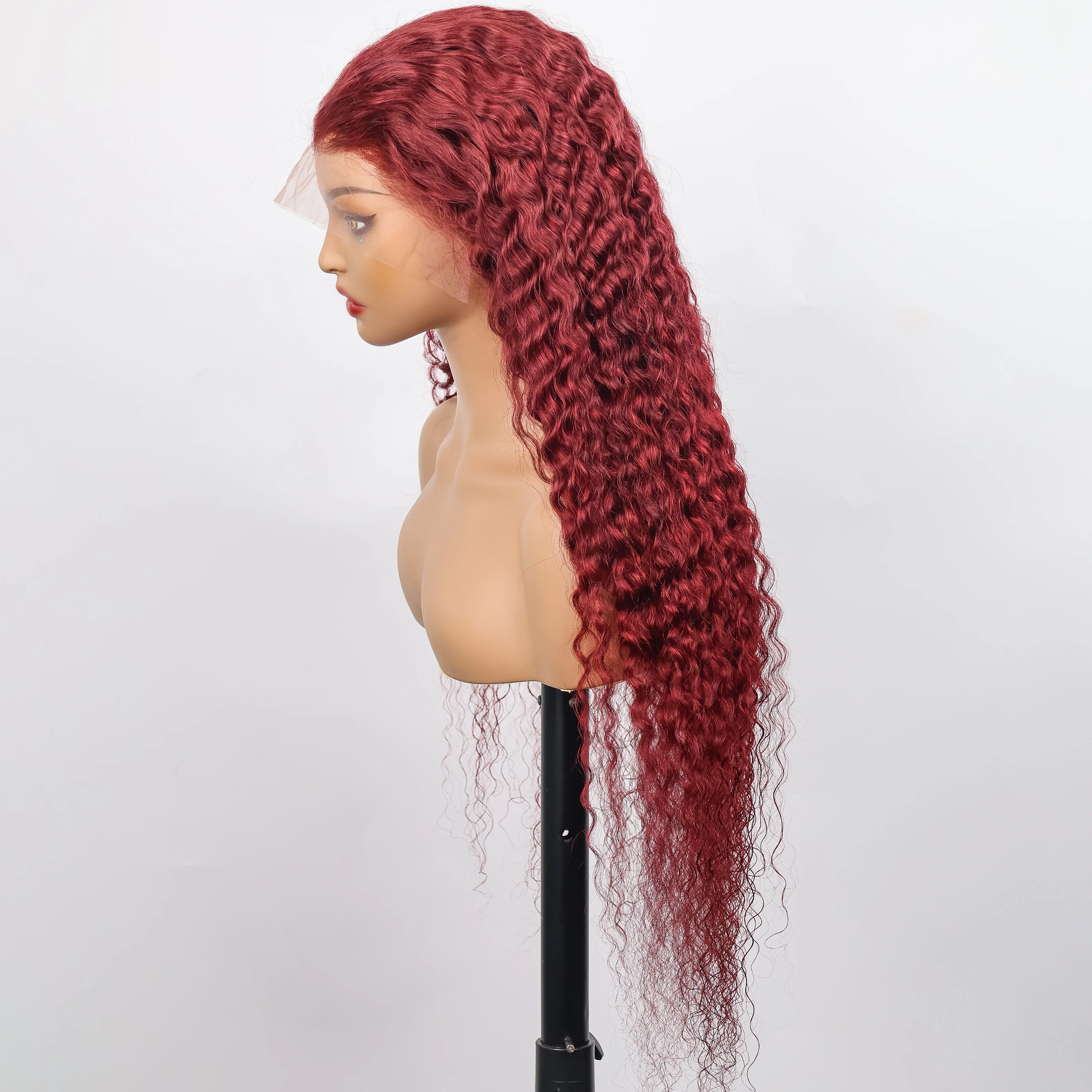 99J Burgundy Deep Wave 13x6 Transparent Lace Frontal Wig 200 Density Red Colored Water Wave Curly Human Hair Wigs Pre Plucked