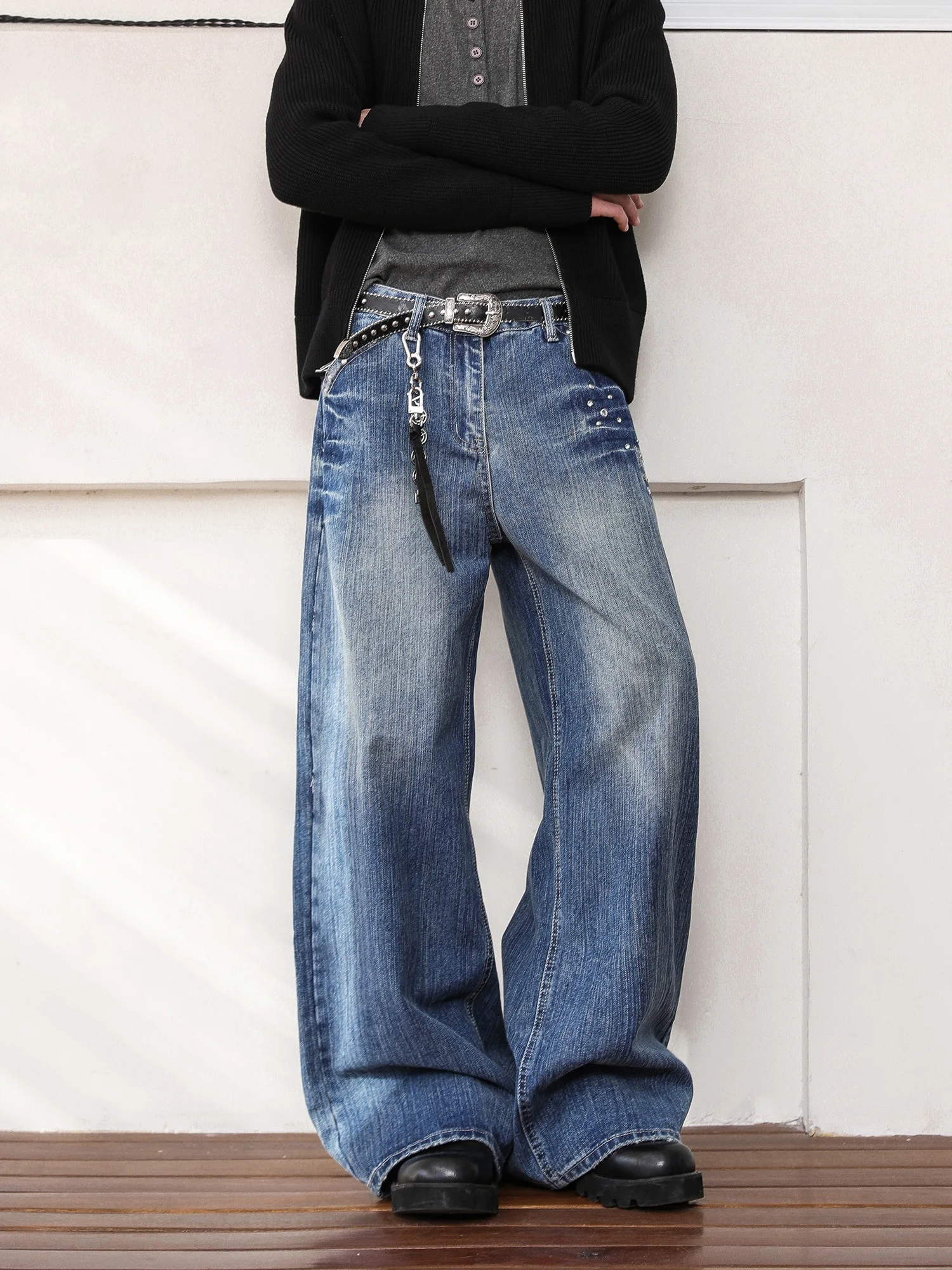 

Ретро-джинсы в американском стиле с заклепками и молниями, мужские, свободные, прямые, широкие, длинные брюки, модные повседневные джинсы