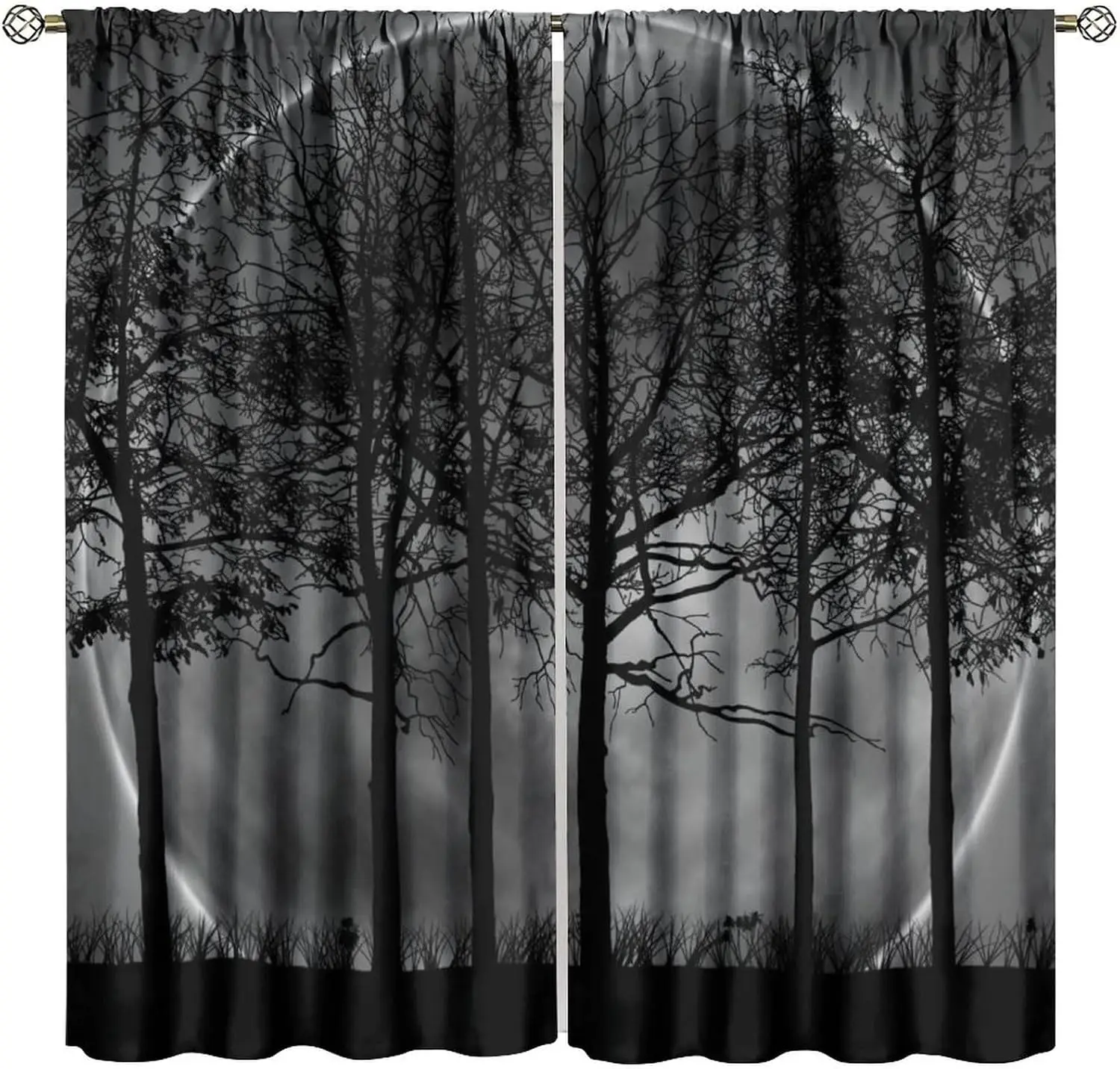 Polyester Tree Silhouette Curtains Dramatic Black White Gothic Forest Nature Window Panel Decor Curtain for Living Room Bedroom
