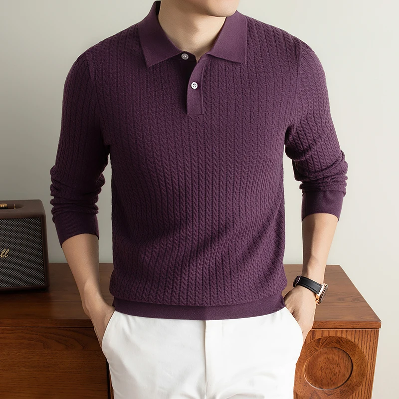 Good 5.8% Mulberry Silk Knit Polos Men 2026 Autumn 3.5% Cashmere Wool Clothes Long Sleeve Jumper Pullover Knitting Tops