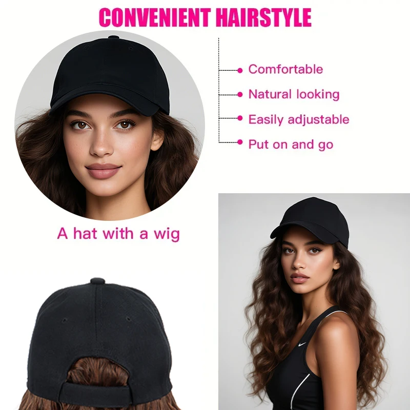 Hat Wig for Women, Long Wave Baseball Cap Wig with Curly Synthetic Hair Extensions, Adjustable Brown Black Baseball Hat Wig