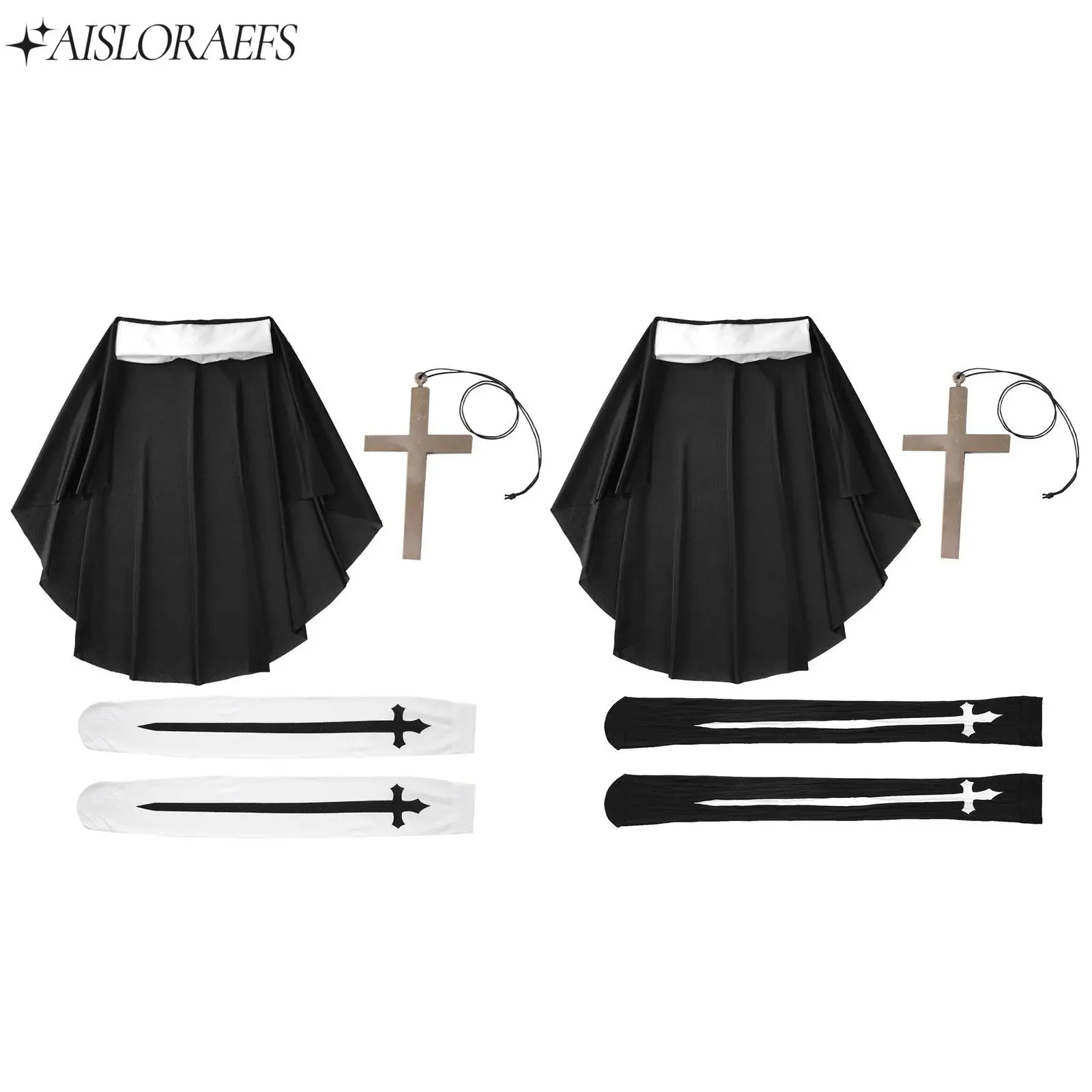 3Pcs Outfits Nun Cosplay Costume Accessories Nun Hat Plastic Cross Necklace with Silk Socks for Adults Halloween Rolepaly Party