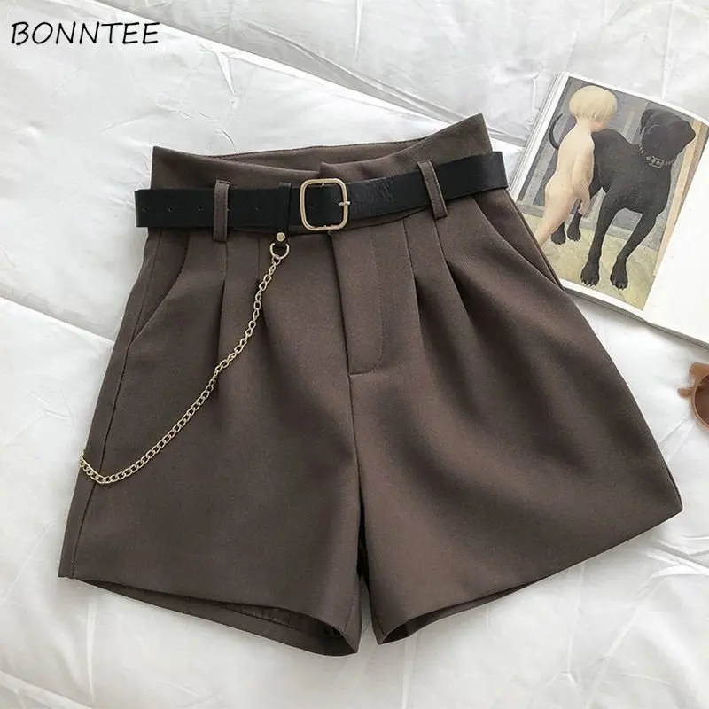 Office Lady Shorts Women Belt Vintage Streetwear Summer Chain Formal High Waist Mujer Simple Minimalist Casual All-match Daily