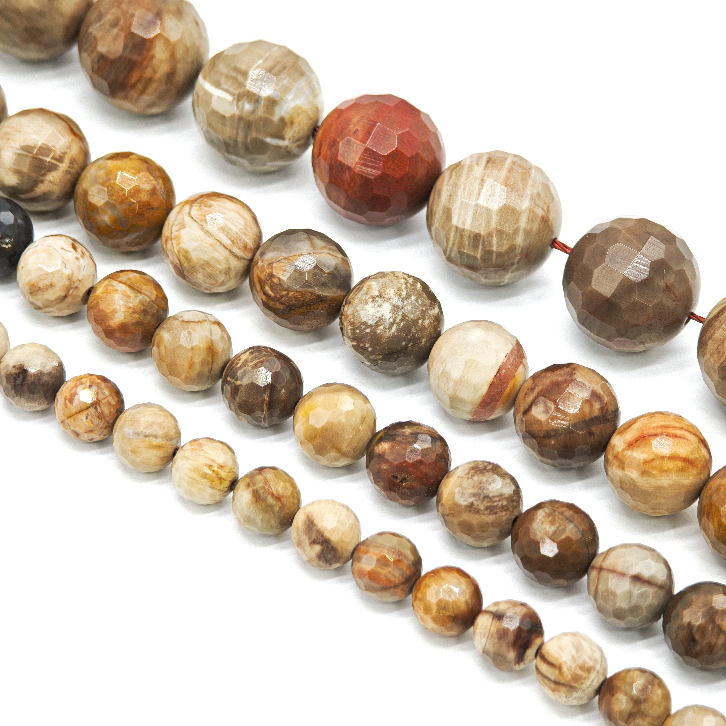 Trending Premium Natural Petrified Wood Stone Round Beads, 8-12mm Round Faceted Brown Loose Beads for DIY Jewelry Making.