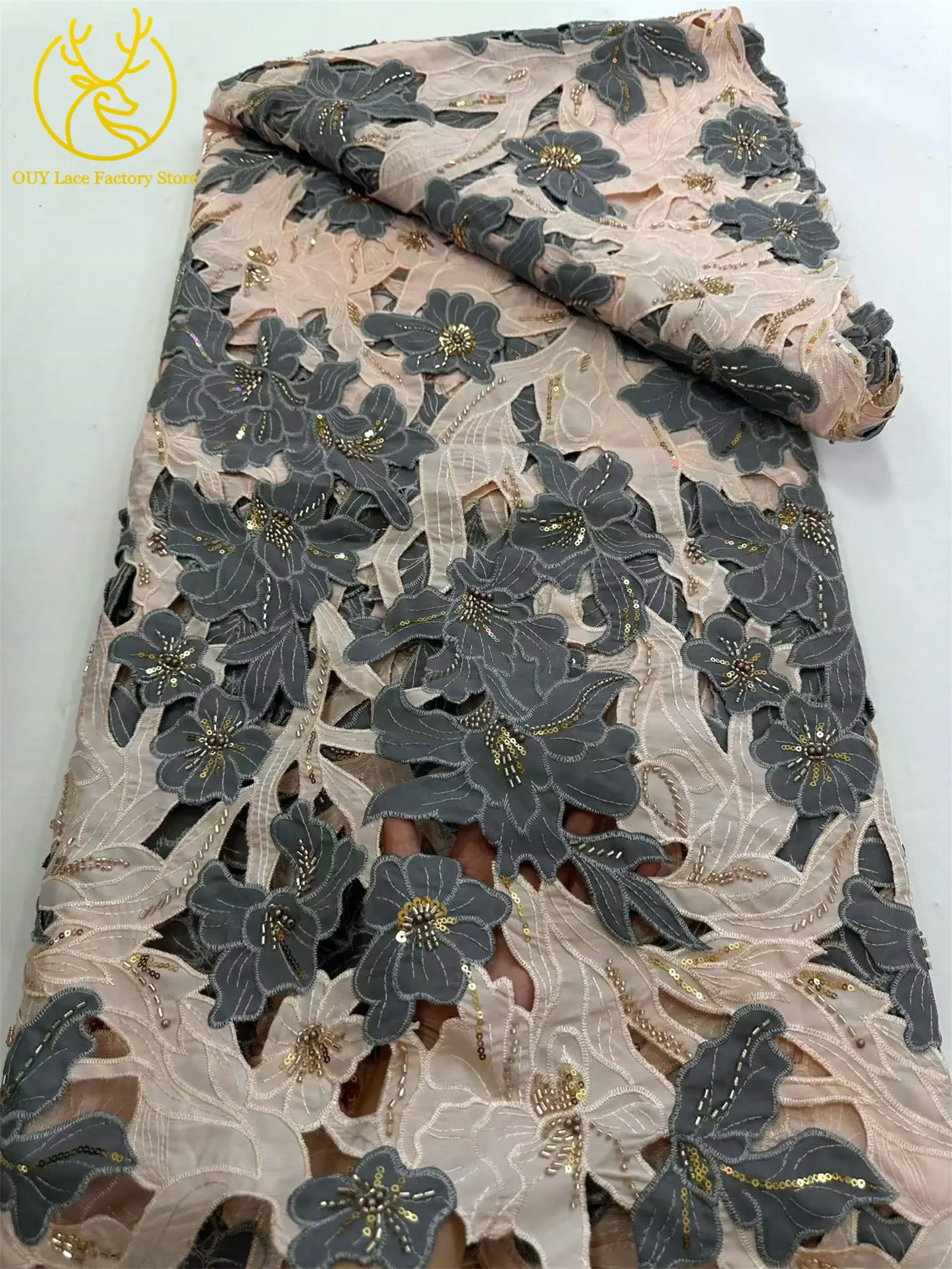 Modischer Afrikanischer Schwer Perlenverzierter Spitzenstoff 2026 Bestseller Französische Pailletten Chiffon-Spitze für Damen-Partykleider Nähmaterial – Detail 14