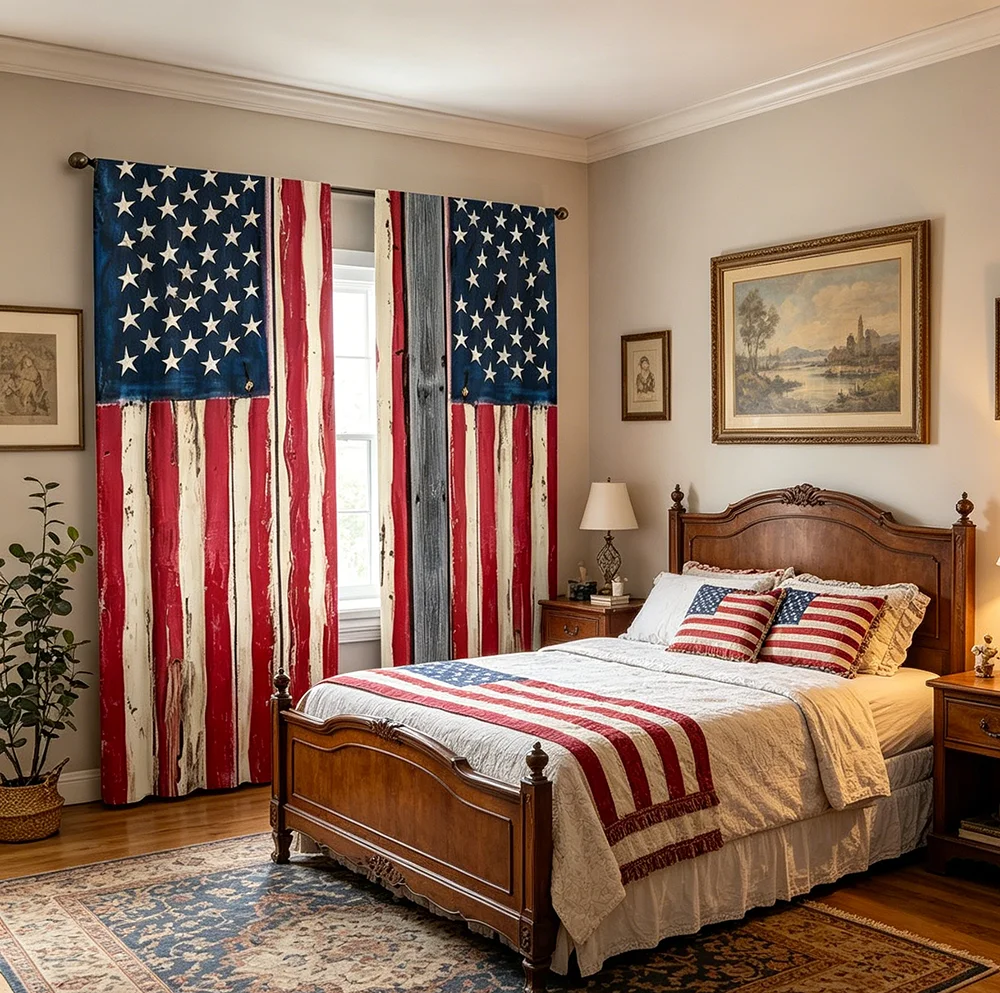 2PCS Digital Printed Curtains, Rustic American Flag Patriotic Vintage USA, Modern Home Decor Style for Living Room Bedroom Decor