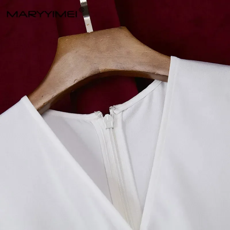 MARYYIMEI أنيقة زهرة طباعة فستان أبيض طويل المرأة مثير الخامس الرقبة قصيرة الأكمام حزمة الأرداف سليم الصيف المدرج فساتين