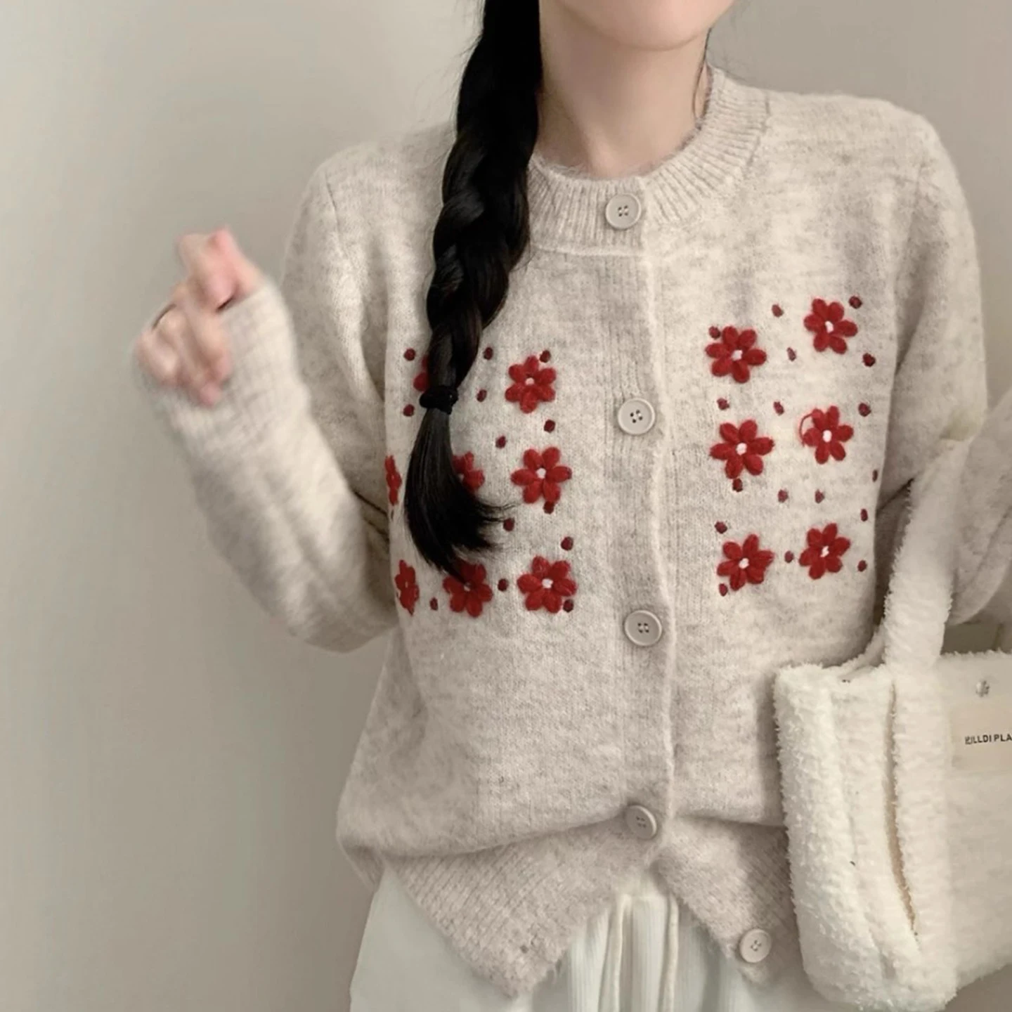 

Женский вязаный кардиган Ele с вышитым цветком и блузкой, зимний утягивающий топ, модный универсальный корейский длинный рукав...