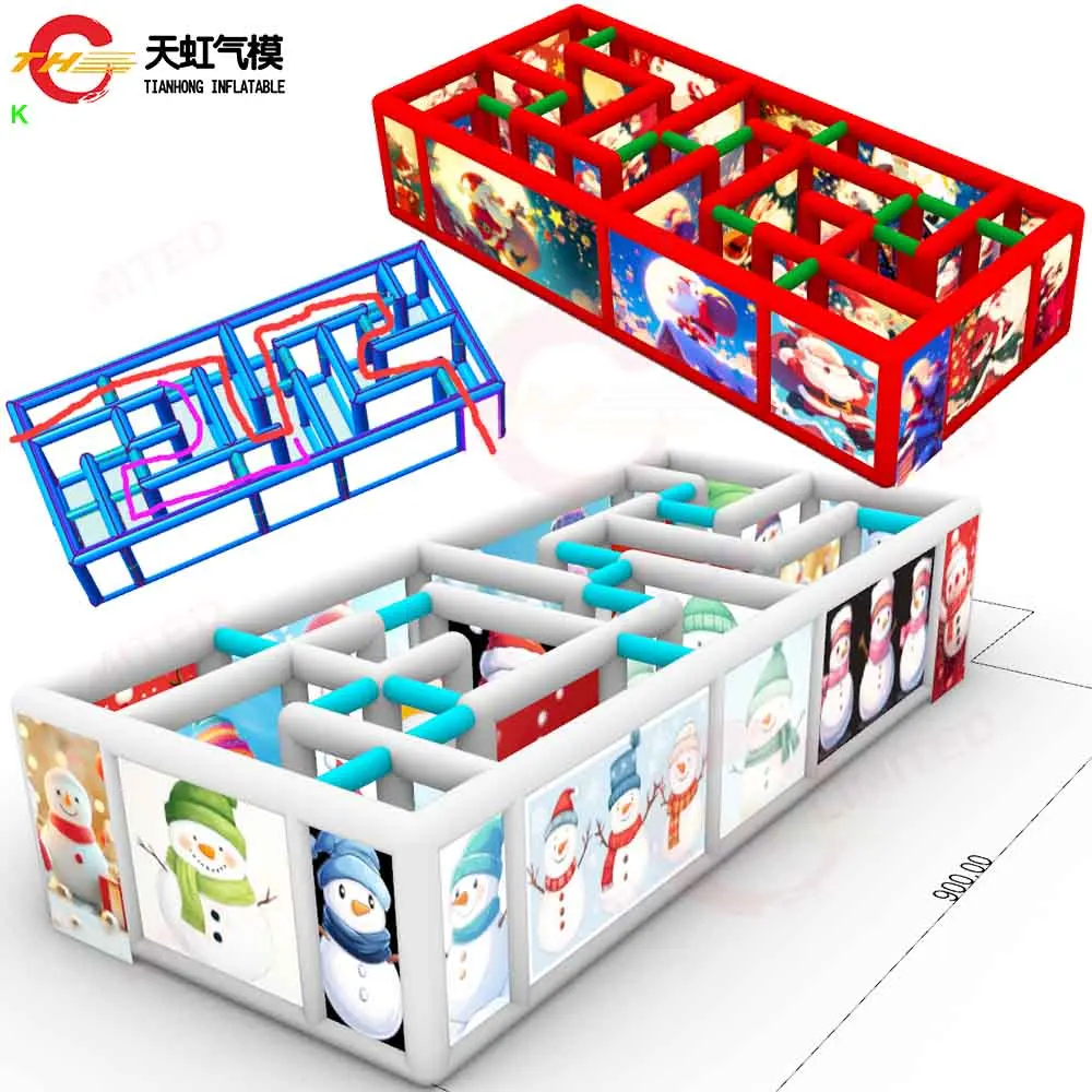 빠른 배송 크리스마스 테마 에어바운스 미로 태그 블로우 업 산타 유령의 집 미로 놀이 블로워 포함