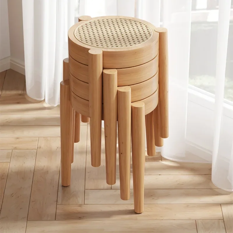 Rattan Weaving Circular Dining Stool Walnut Color Space Saving Ottomans Nordic Ins Dressing Chair Living Room Furniture