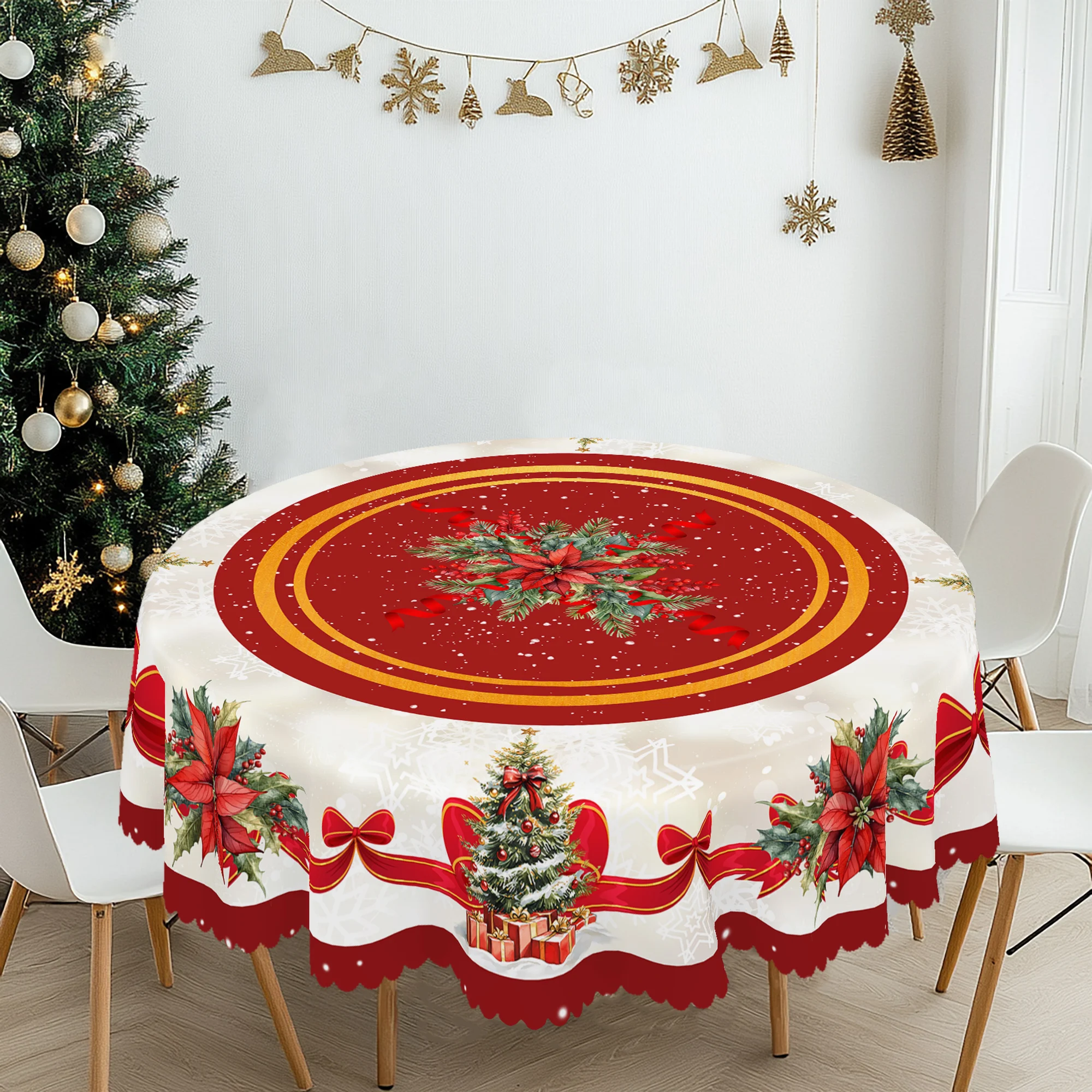 1 Piece Christmas Round and Rectangular Tablecloth, Various Sizes, Christmas Tree Gift Box Ribbon Knot Printed Pattern Red Design Tablecloth for Daily Home Kitchen, Party Use, Gifts