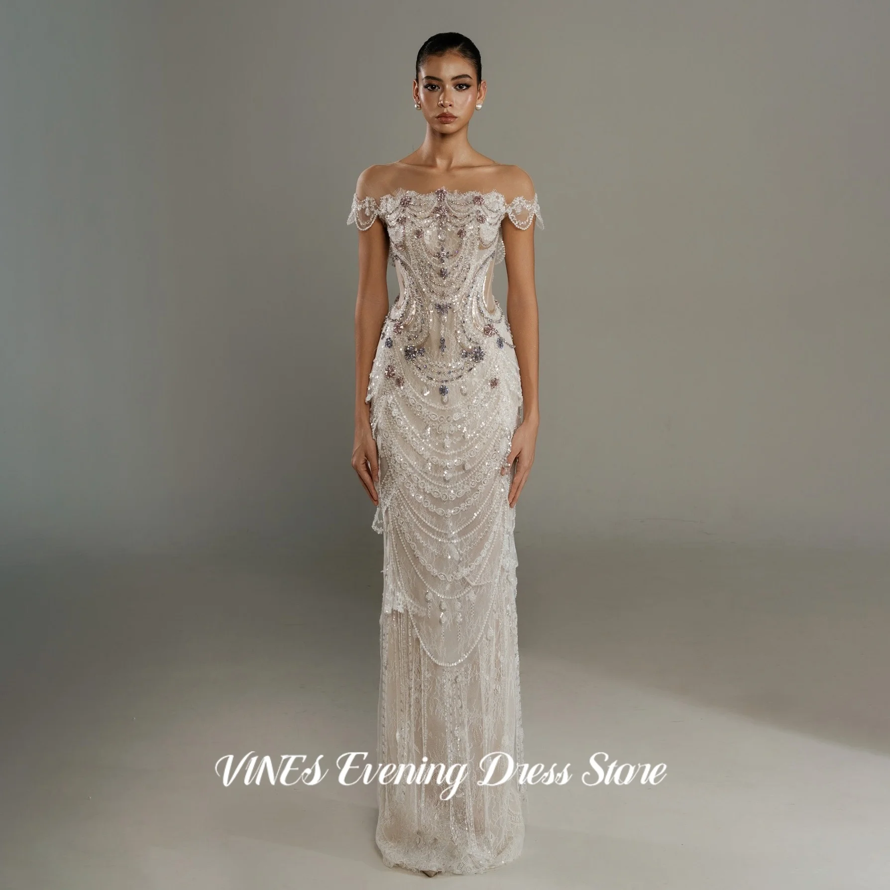 VINES Ivory Off Shoulder Mermaid Prom Dress Multi-Layer Beaded Lace Wedding Gala Evening Dress Sheer Mesh Party Dress Customized