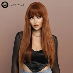 7JHH WIGS Long Straight Layered Copper Wig for Women Daily Use High Density Synthetic Heat Resistant Hair Wigs with Neat Bangs