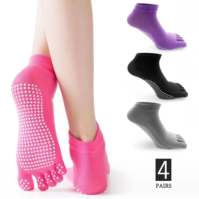 4 Pairs Women Anti-slip Yoga Socks Fingers Fitness Pilates Socks Gym Five Toe Sport Socks Cotton Colourful Elastic Winter