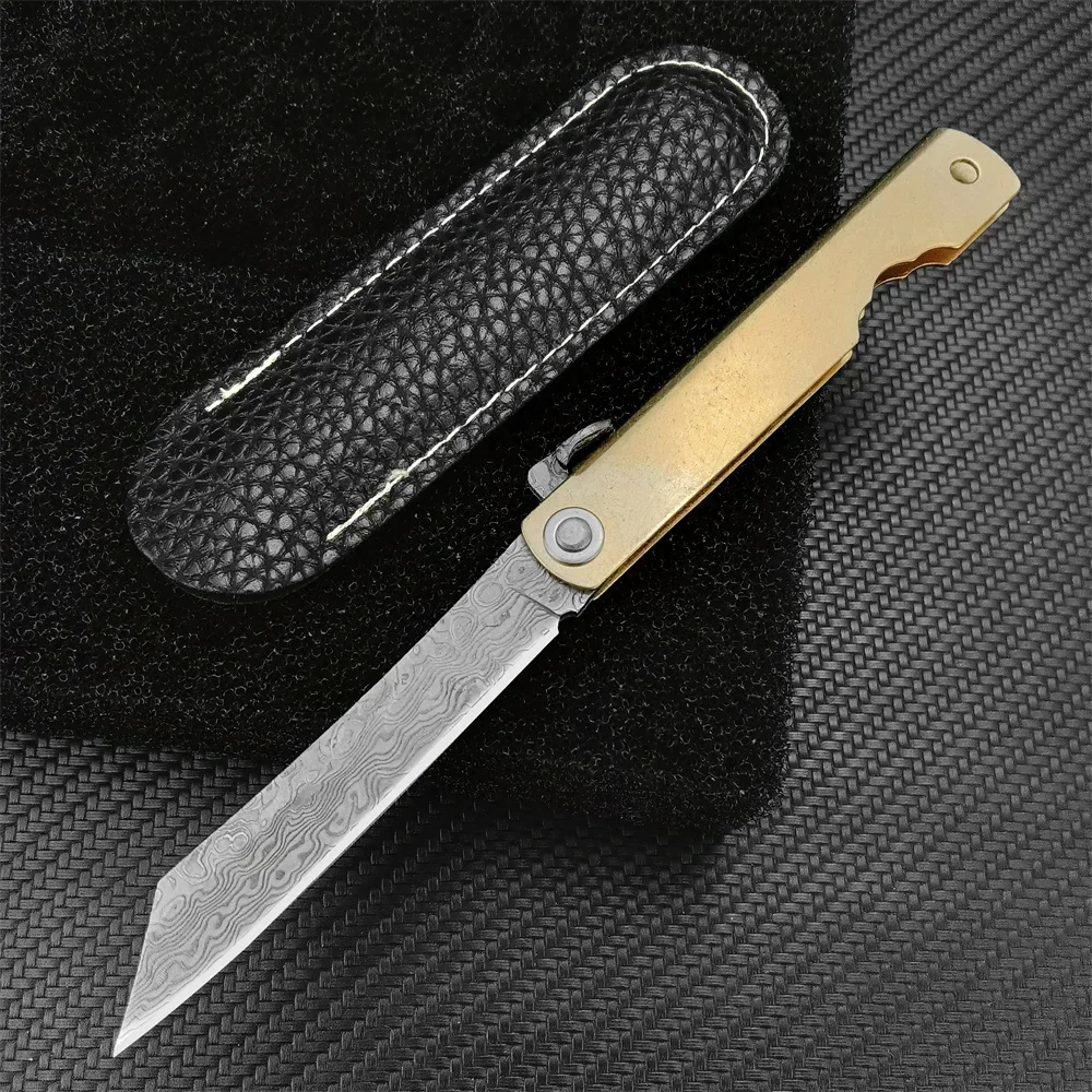 Mini Higonokami Japanese VG10 Damascus Steel Blade Folding Knife Camping Hunting Copper Handle Knives Outdoor Survival EDC Tool