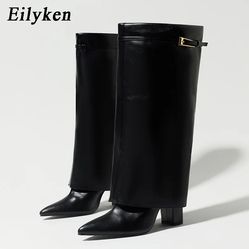 Eilyken Fashion Elegant Splicing Belt Buckle Square High Heels Banquet Women Knee-High Boots Street Style Banquet Shoes